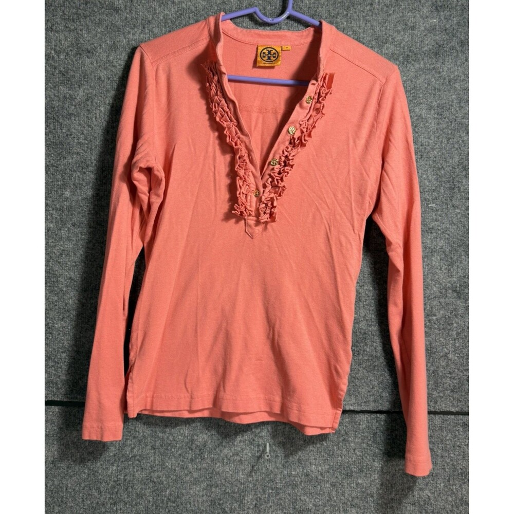 Tory Burch Lidia Long Sleeve Ruffle Polo Shirt Women’s Medium Coral Peach Cotton